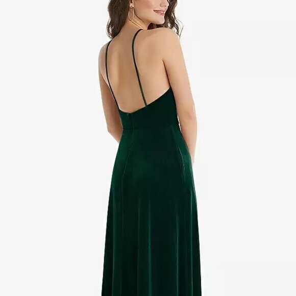 Dessy LB034....High Neck Halter Open-Back Velvet Dress...Evergreen...Size 10 - Picture 3 of 7